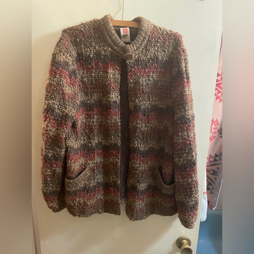 St Michael Vintage M&S Cardigan Brown Orange Chevron UK 18 Wool Mix 80s 90s